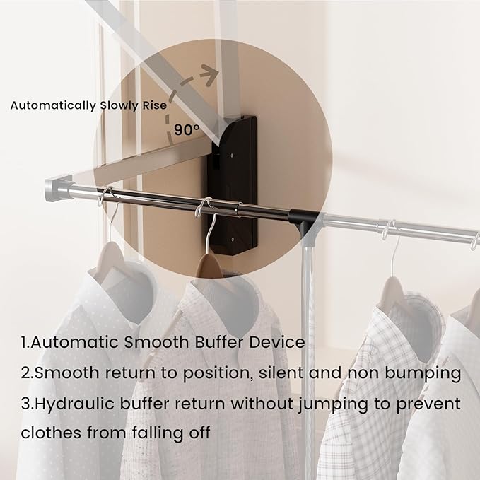 Pull Down Closet Rod, Adjustable 33-45 Inches Soft-Close Wardrobe Rail, Two-way Buffering Stainless Steel Back Mounted Organi