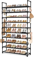 LANTEFUL Tall Shoe Rack 10 Tier Shoe Organizer Large Shoe Shelf with 18 Hooks Storage for 50 Pair, Stackable Vertical Shoe Ra