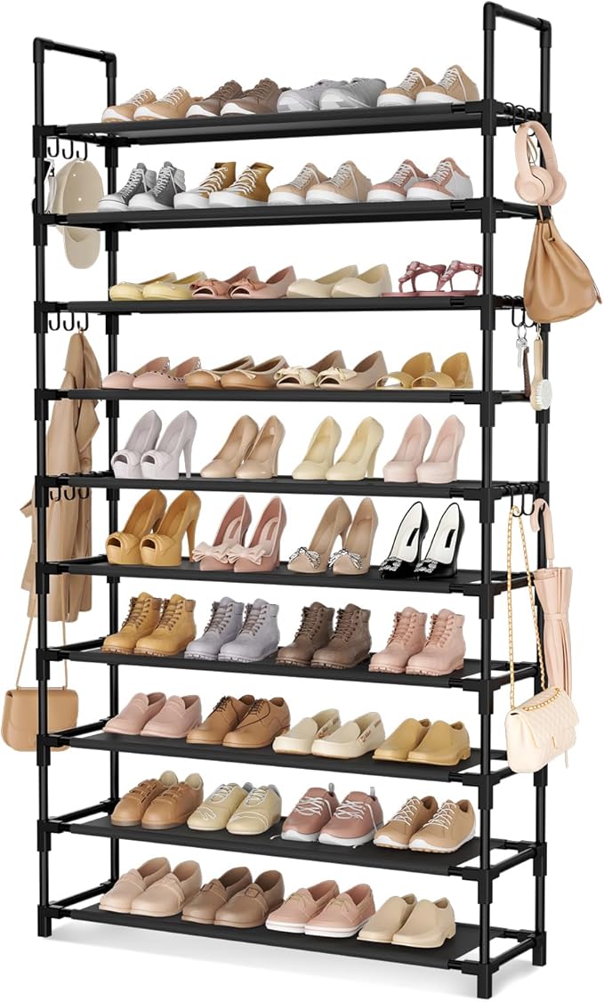 LANTEFUL Tall Shoe Rack 10 Tier Shoe Organizer Large Shoe Shelf with 18 Hooks Storage for 50 Pair, Stackable Vertical Shoe Ra