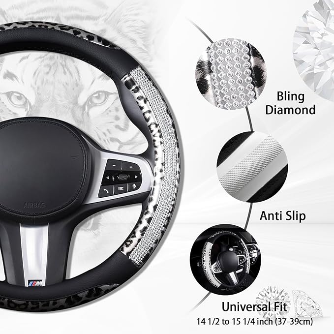 AUTOYOUTH Leopard Steering Wheel Cover - Bling Crystal Rhinestones Cheetah Print on Leather Non-Slip Breathable Design for Wo