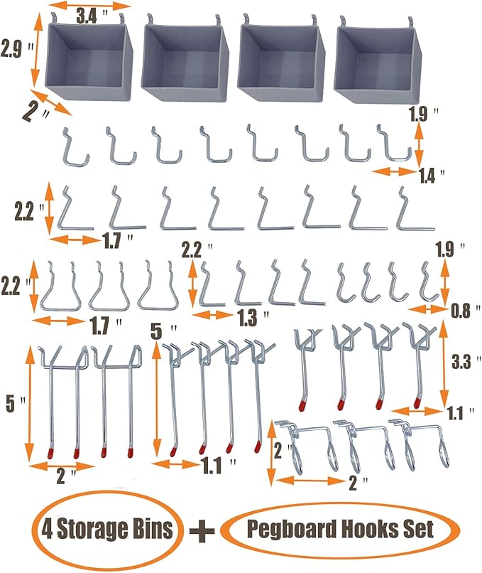 Wallmaster Pegboard Organizer Garage Storage - 48pcs Pegboard Hooks Set, Pegboard Tool Organizer with 48x24 Inch Steel Peg Bo