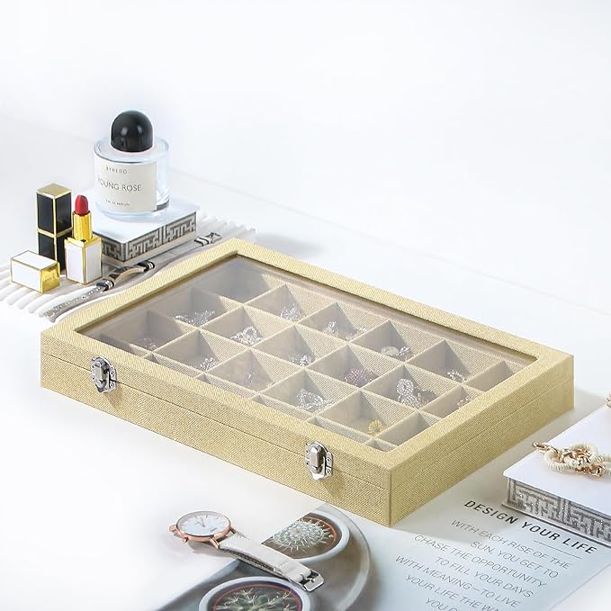Coward Jewelry Organizer Box, Yellow Linen 24 Grids Ring Earring Jewelry Display Tray Case with Transparent Glass Lid for Hom