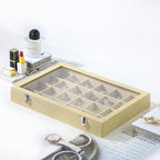 Coward Jewelry Organizer Box, Yellow Linen 24 Grids Ring Earring Jewelry Display Tray Case with Transparent Glass Lid for Hom