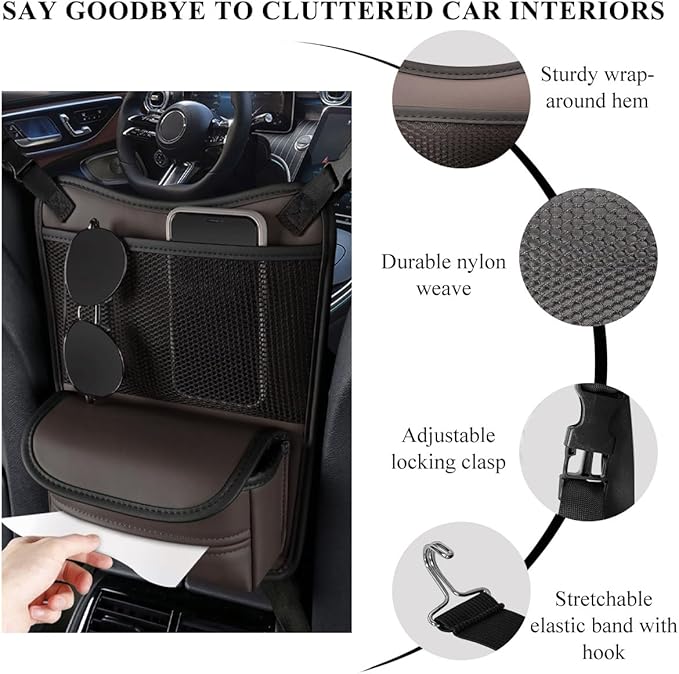 Car Organizer Storage Between Seats, Leather Large Capacity Automobile Handbag Hanging Store Content Bag, Auto Console Organizer Holder for Snack Phone Document Storages, Car Accessories (Brown)