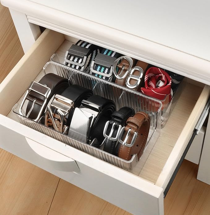 Clear Belt Organizer Extendable, 2 Pack Acrylic Belt Storage Holder with Adjustable Dividers, Belts Storage Container for Dra