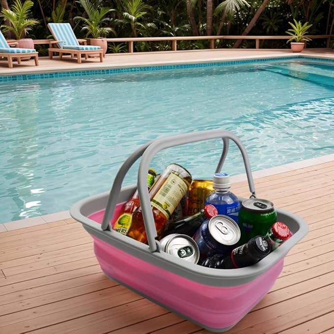 SAMMART 9.2L (2.37Gallon) Collapsible Tub with Handle - Portable Outdoor Picnic Basket/Crater - Foldable Shopping Bag - Space Saving Storage Container (1, Grey/Pink)