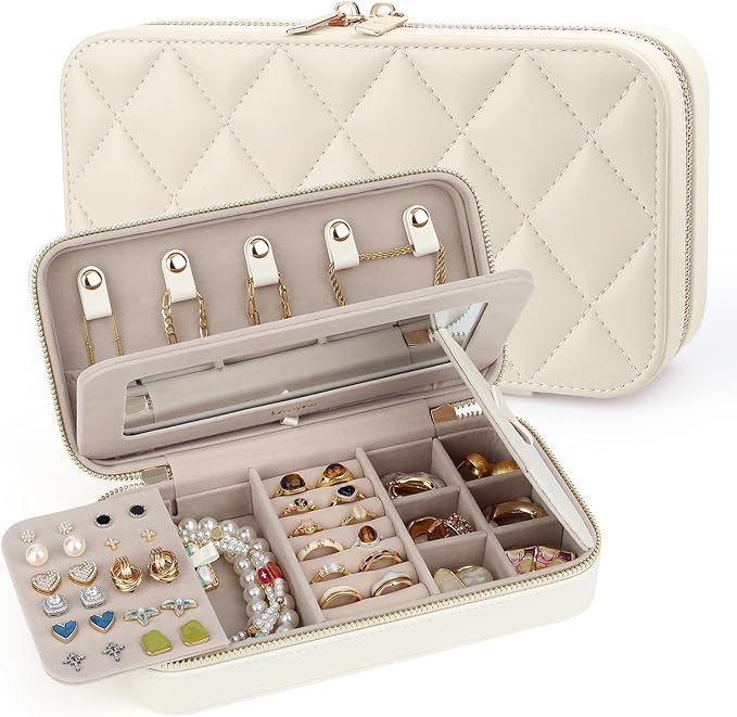 Travel Jewelry Case with Mirror, Quilted Small Jewelry Box Organizer for Women Girls, Portable Earring Necklace Bracelet Ring