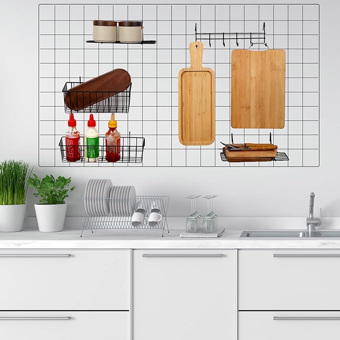 Fumete 9 Pcs Wall Grid Hanging Basket Shelf Hooks Set Includes 3 Basket 3 Wire Straight Shelf and 3 Hooks for Storage Display