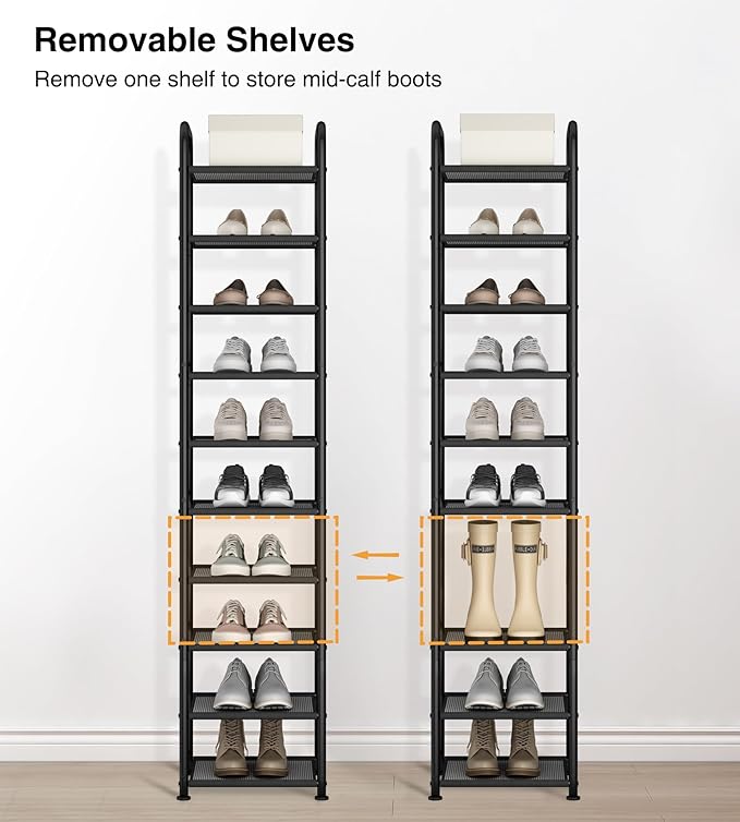 STO STO 10-Tier Narrow Shoe Rack with Sturdy Mesh Shelves, Slim Tall Metal Shoe Organizer for Entryway, Closet, Hallway, Hold