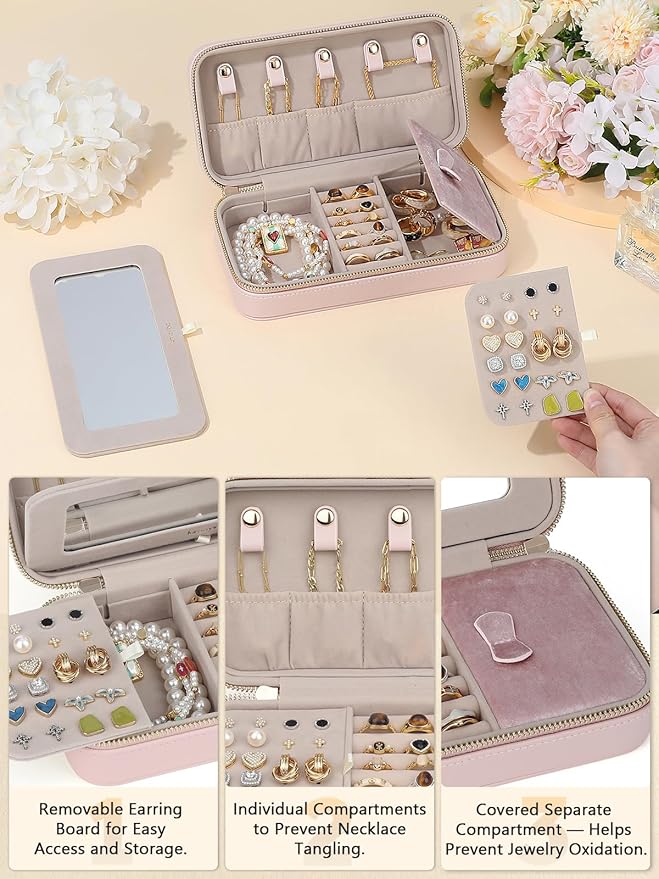 Travel Jewelry Case with Mirror, Quilted Small Jewelry Box Organizer for Women Girls, Portable Earring Necklace Bracelet Ring