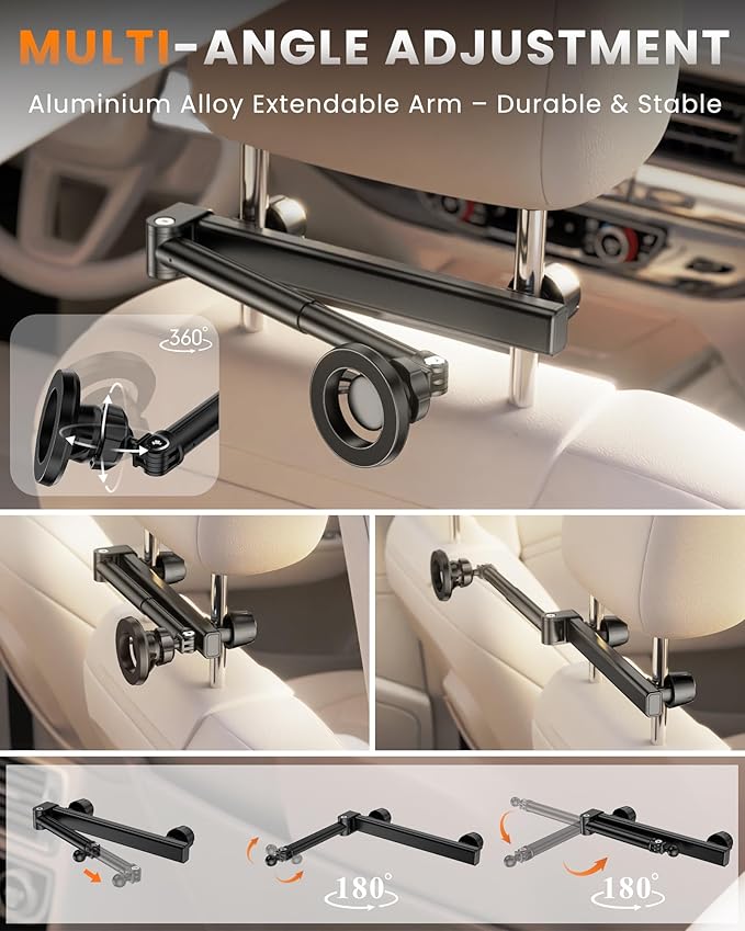 for Magsafe Car Headrest Tablet Holder, for iPad Holder Car Mount, 6 lb Strong Magnetic Force Adjustable Aluminum Tab Mount for All Phone iPhone iPad Stand Travel Accessories