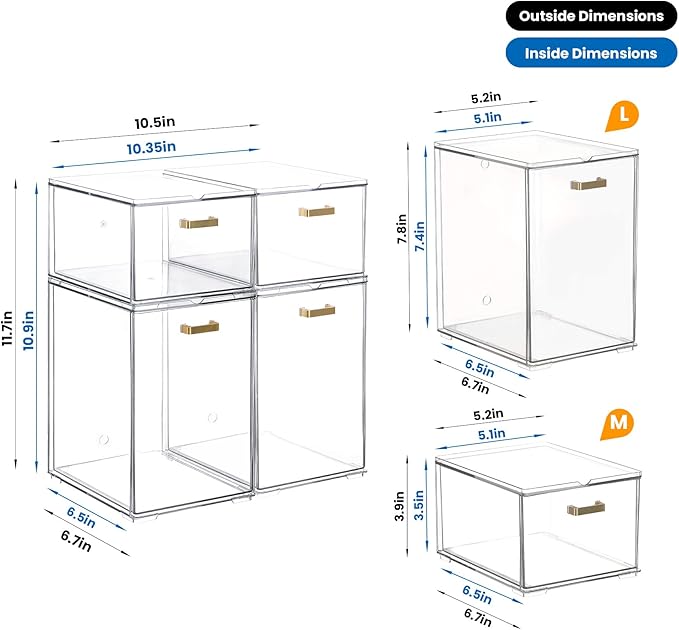 LALOBLUE Clear Stackable Drawer Organizer, 4 Pack Acrylic Storage Drawers with Pull-Out Design, Space-Saving Organizer for Ba