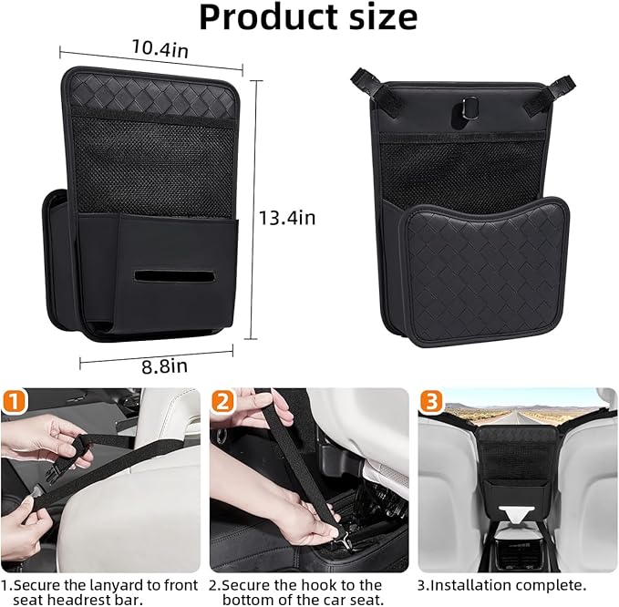 Purse Holder for Car,Car Purse Holder Between Seats,PU Leather Seat Back Organizer,Large Capacity Bag,Car Net Pocket Handbag Holder,Pet Barrier(Black)