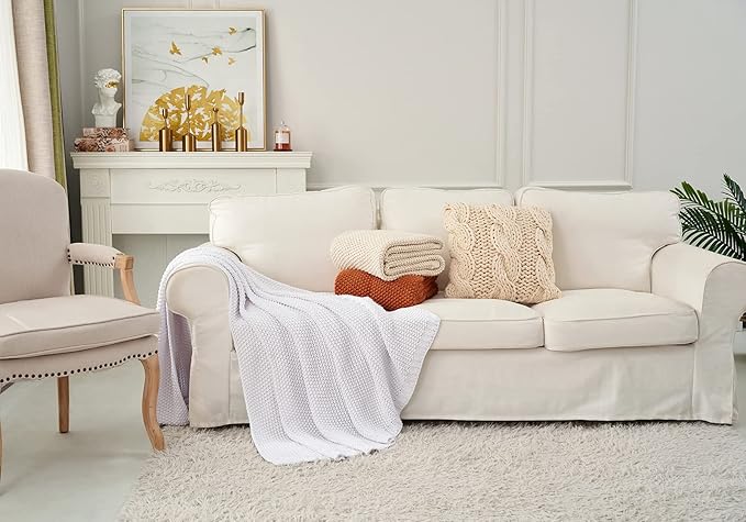 Chunky Cable Knit Throw Blanket Lightweight White 100% Organic Cotton Blanket for Sofa Couch Bed Baby Nursery, Rustic Shabby 