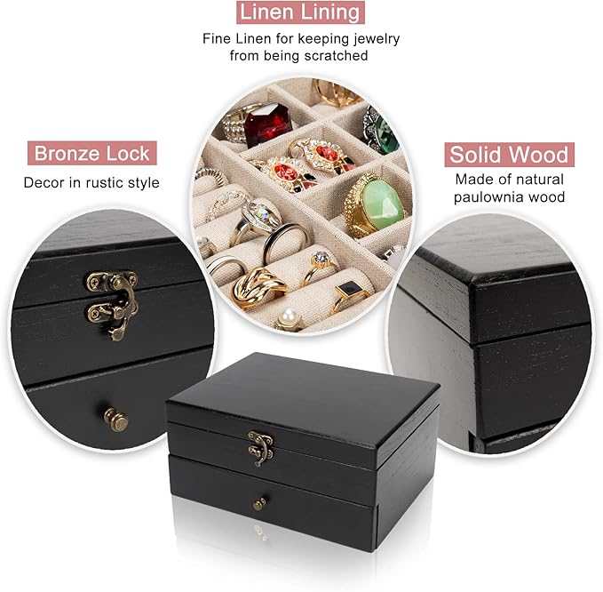 Pinzoveco Jewelry Box for Women, Rustic Wooden Jewelry Organizer Box for Storage Earrings Rings Necklace Bracelet, Farmhouse 