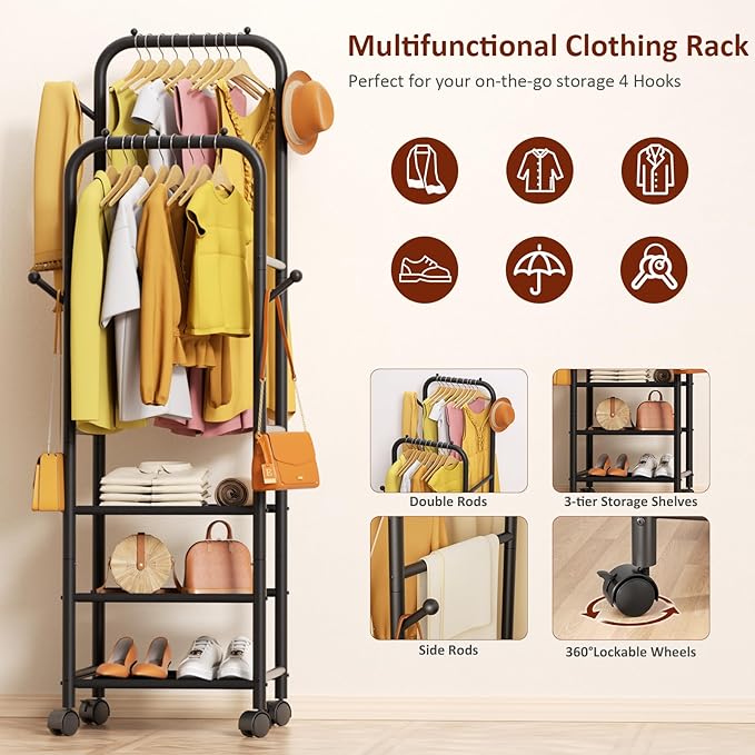 Furologee Clothing Racks for Hanging Clothes, Portable Rolling Garment Rack, Sturdy Metal Freestanding Clothes Rack with Whee
