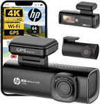 HP 4K+1080P Dash Cam, Front and Rear Dash Camera for Cars, 1.5" LCD Screen, 64GB Card, Night Vision with WDR, Support Parking