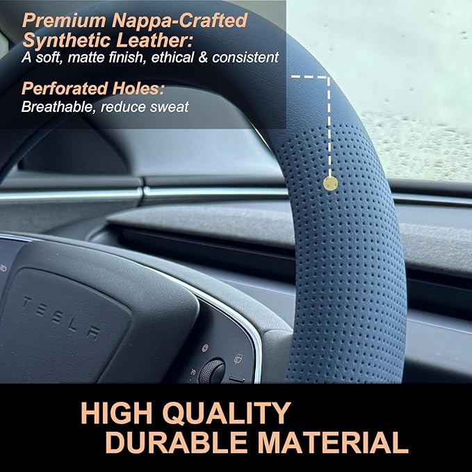 PINCTROT Nappa Leather Steering Wheel Cover for Tesla Model Y/3 Highland/Juniper, D Shaped 14 Inch Small Sized with Breathabl