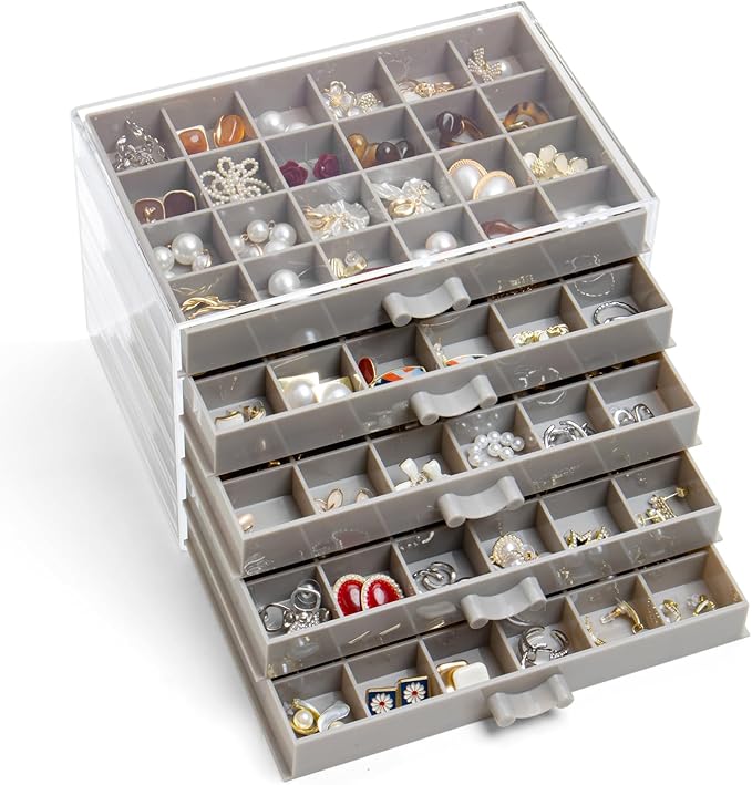 YUFONG Earring Storage Box Organizer, Acrylic Jewelry Storage Box Holder 5 Drawers Transparent Jewelry Display Stand with 120