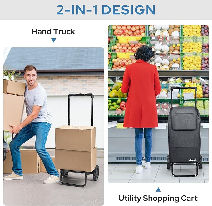 KEDSUM 2 in 1 Shopping Carts for Groceries, 330 lbs Grocery Cart on Wheels, Foldable Utility Carts with Wheels, Hand Truck with Waterproof Tote Bag for Shopping, School, Laundry, Craft Show, Black