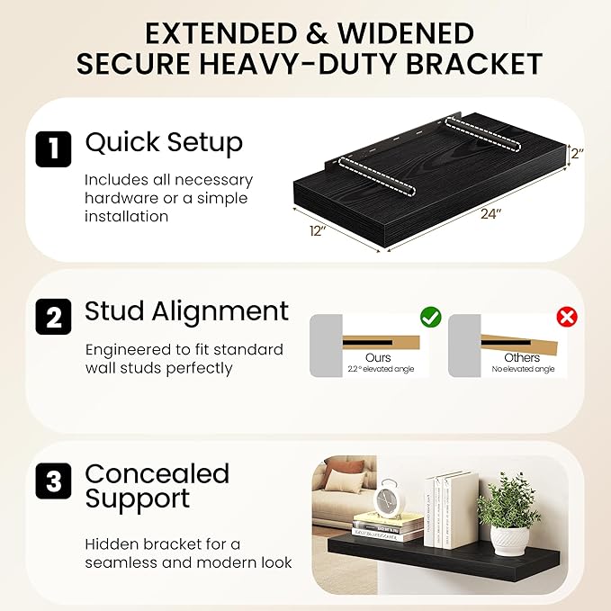 Black Floating Shelves 48Inch Long, 12 Inch Deep Floating Shelves for Wall, 48 x 12 Large Floating Shelf for Fireplace Mantel