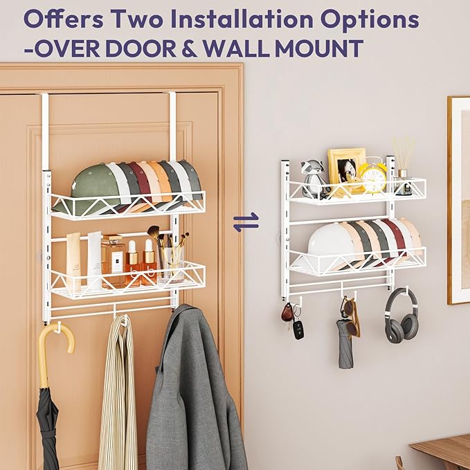 SWTYMIKI Over Door Hat Organizer - 3 Tier Wall Mounted Hat Rack with 2 Adjustable Metal Basket and 3 Hooks, Hanging Baseball 