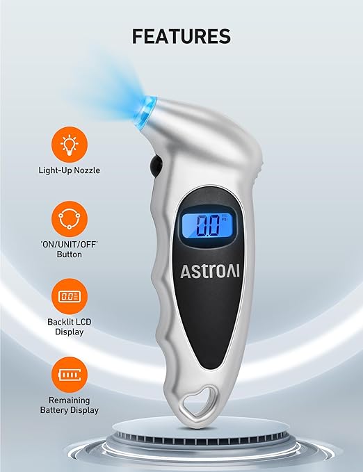 AstroAI Digital Tire Pressure Gauge 0-150PSI Calibrated to ANSI B40.7 +/-1PSI, 4 Units for Car Truck Bicycle with Backlight LCD and Presta Valve Adaptor, Sliver, 3Pack