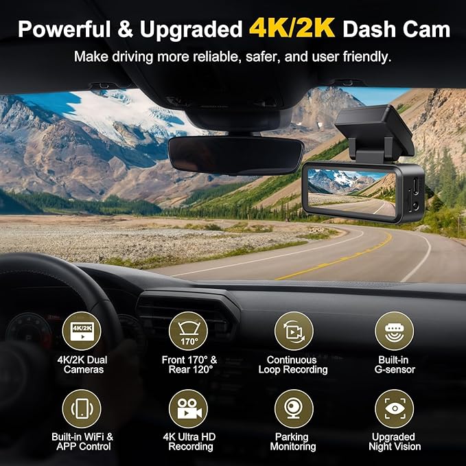 4K+2K Dash Cam Front and Rear, Free 64GB Card Included, 5.8GHz WiFi Dash Camera for Cars, Built-in G-Sensor, 3.2” IPS Screen,
