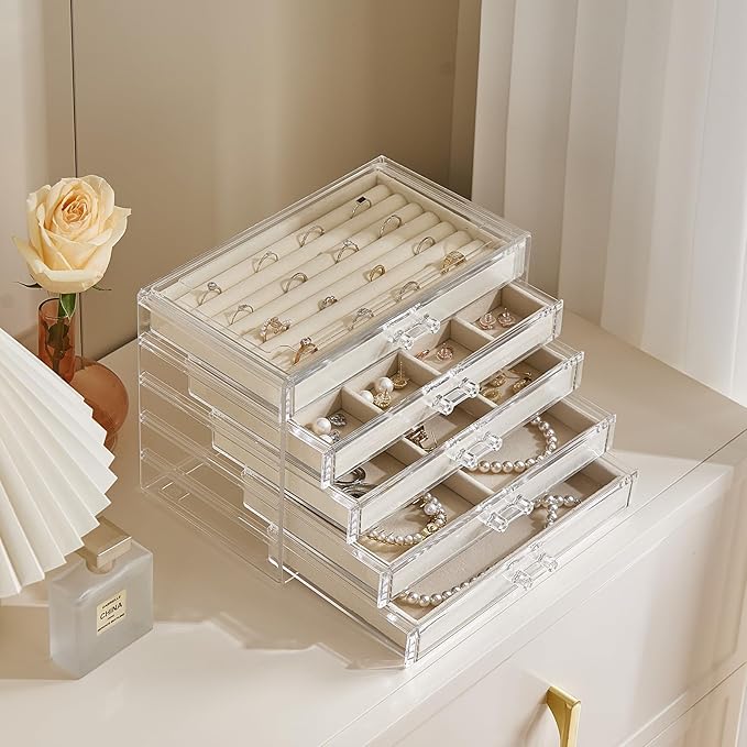 Acrylic Jewelry Box with 5 Drawers, Clear Earring Holder Organizer Rings Display Case with Adjustable Velvet Trays for Women 