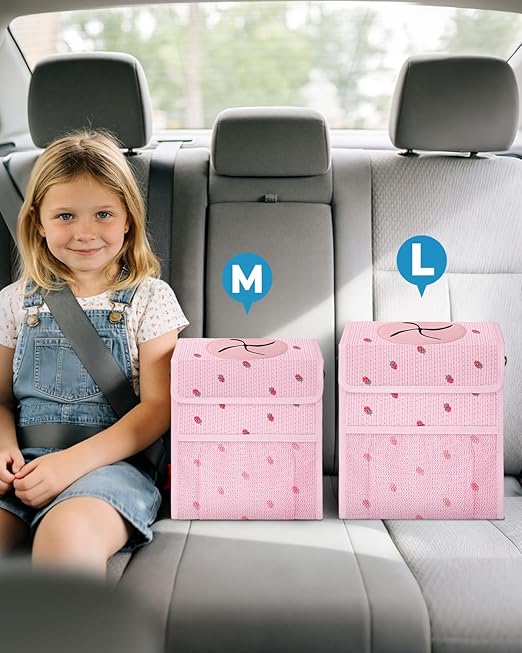 Corduroy Car Trash Can with Lid and Mesh Pockets - Leakproof Organizer,Multipurpose Waterproof Garbage Can/Trash Bin for Car(Pink/Red Strawberry Print-3 Gallons)