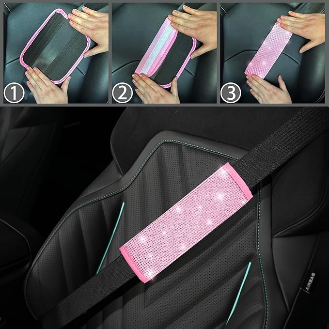 NBTEPEM 30 Pcs Pink Bling Car Accessories Set for Women, Pink Steering Wheel Cover Set, Bling Console Cover, Seat Belt Cushion, Shift Knob Cushion, Cup Coaster, Rhinestone Car Hanging Accessories