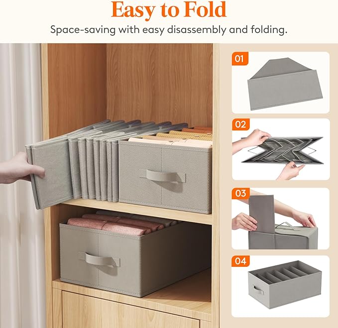 Lifewit 4 Pack Clothes Organizer, 6 Grids Closet Jean Storage Bins with Handles and Support Boards, Foldable Drawer Organizer