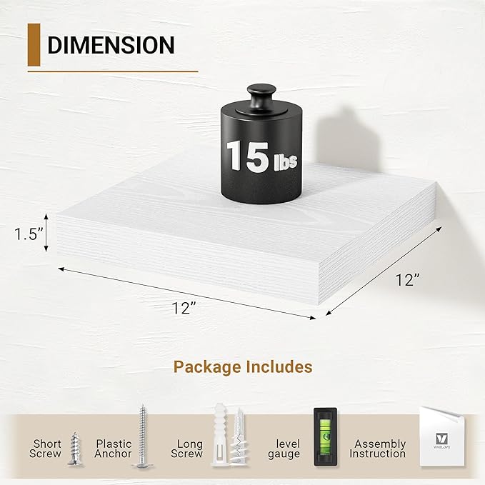 Vivelove White Floating Shelves Over Toilet 12 Inches Deep, 12x12 Floating Shelves for Wall with Invisible Brackets, Room She