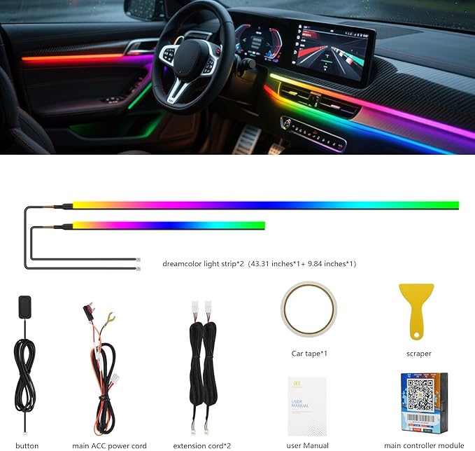 2026 Upgraded Acrylic Interior Car LED Strip Light Dual-Zone Wireless App, 2 in 1 with 43.3inch + 9.8inch Fiber Optic Strip Lights, Dynamic Chasing Music Sync Neon Car Ambient Lighting Kits