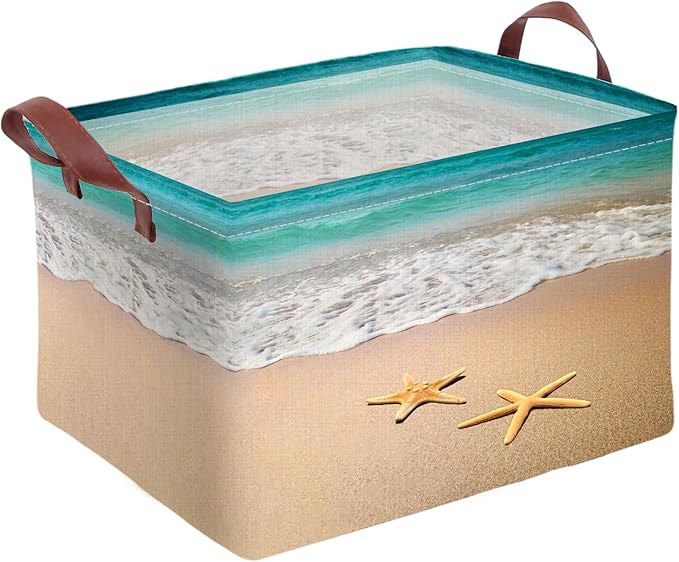 Beach Starfish Storage Basket Waterproof Canvas Toy Storage Bin Beach Room Decor Collapsible Outdoor Basket with Leather Hand