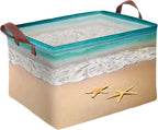 Beach Starfish Storage Basket Waterproof Canvas Toy Storage Bin Beach Room Decor Collapsible Outdoor Basket with Leather Hand