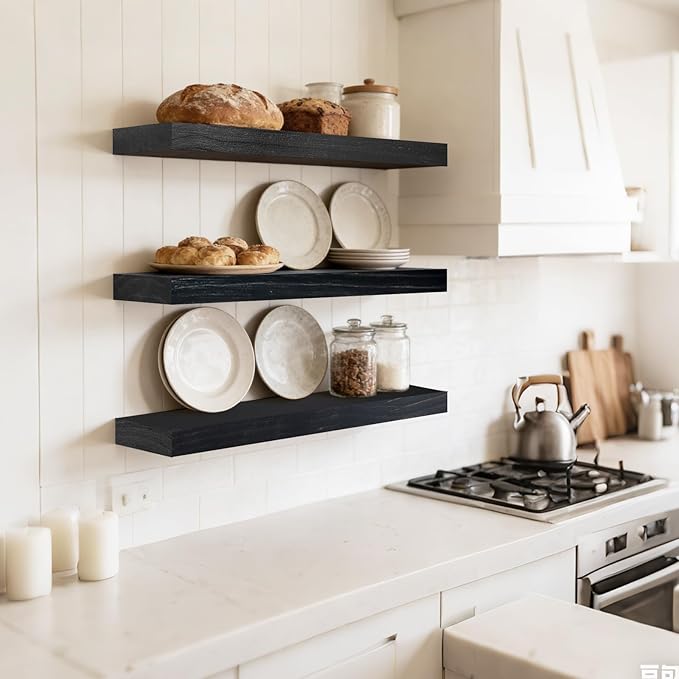 Floating Wall Shelf 16x6.8x1.7 Inch – Solid Wood Shelf in Black Finish – Wall Mounted Rustic Display Organizer for Bathroom, 