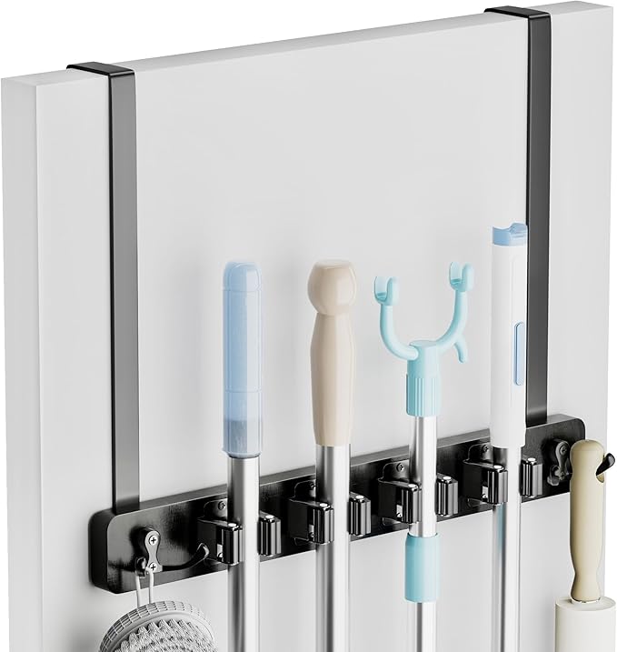 Lorbro Broom Holder Door Mount, Over the Door Broom and Mop Holder with 2 Over Door Hooks, Wood Broom Hanger, Tool Rack Organ