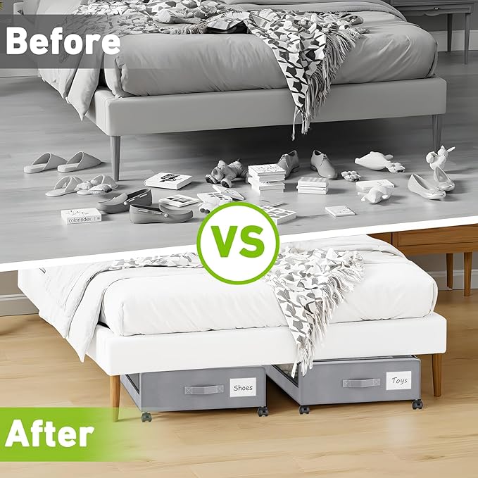Under Bed Storage with Wheels, 4-Pack Underbed Storage Containers with Clear Lids, Under Bed Shoe Storage Organizer, Rolling 