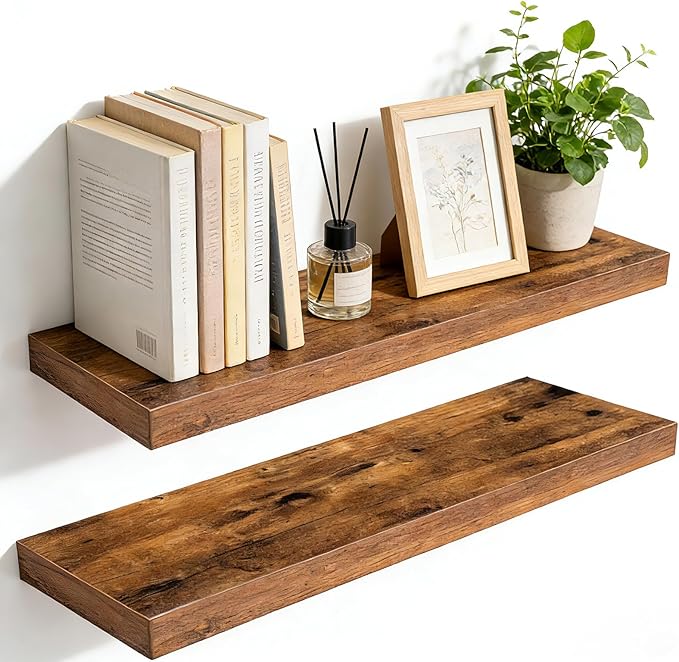 23.6 inch Rustic Brown Floating Shelves Set of 2, Solid Wood Wall Mounted Shelves, Heavy Duty Display Storage Shelves for Bed