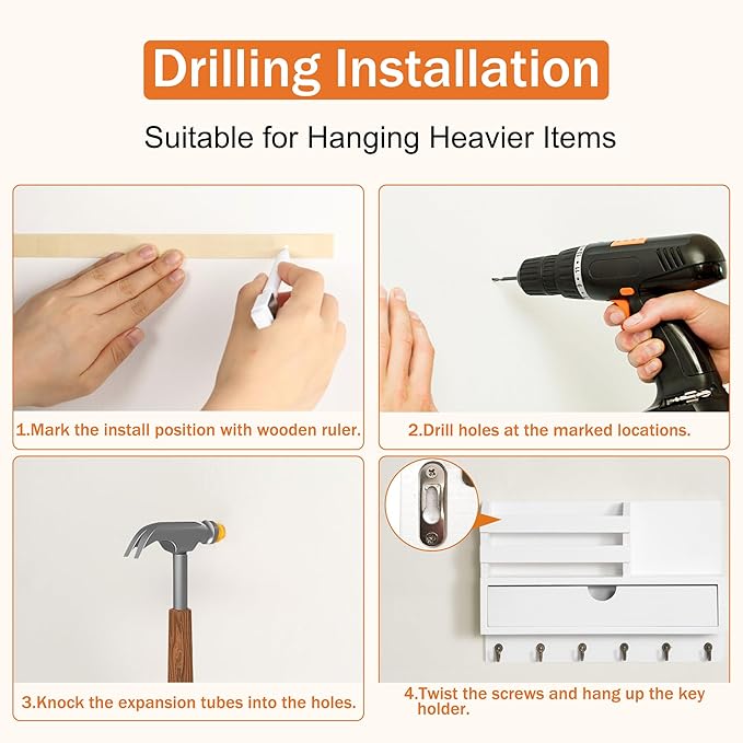 dreampossible Key and Mail Holder for Wall, Mail Organizer Wall Mount with 6 Hooks and Storage Drawer, Wooden Key Rack Hanger