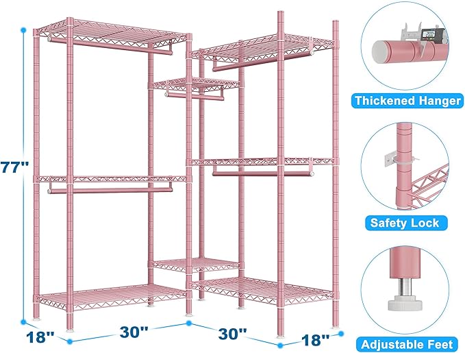 Raybee Clothes Rack, Clothing Racks for Hanging Clothes, L Shaped Clothing Rack for Corner 900LBS Heavy Duty Clothes Rack Gar