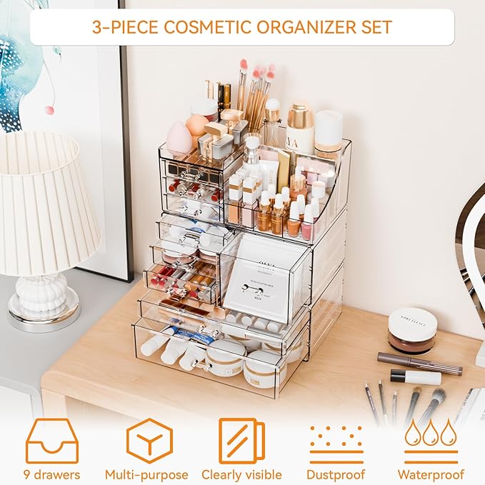 Yieach 3 Pack Clear Makeup Organizer Countertop for Dresser,Vanity and Bathroom Counter Organizer,Tiered Stackable Makeup Acr