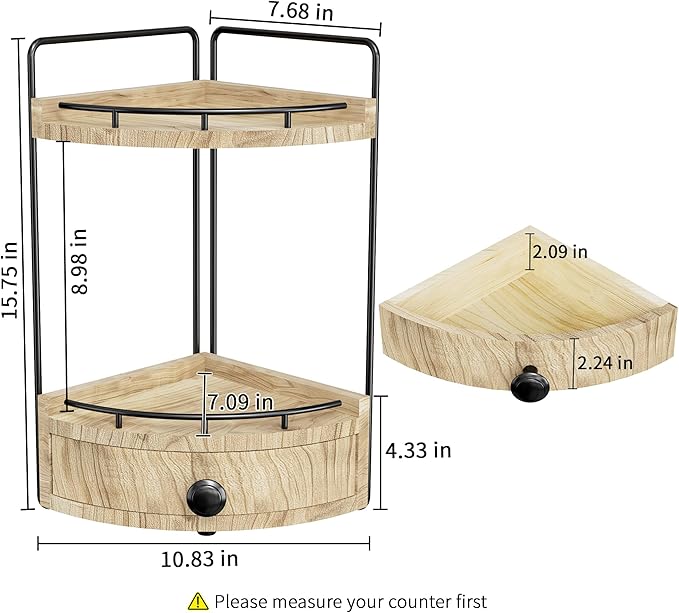 2-Tier Corner Bathroom Counter Organizer with Drawer & Embedded Screw Holes - Wooden Countertop Organizers for Skincare, Make
