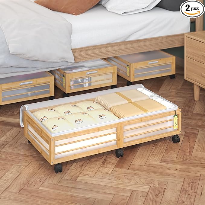Bamboo Underbed Storage Containers with Wheels & Bag 2 Pack, Large Under Bed Rolling Storage Bins Wood Under Bed Clothes Stor