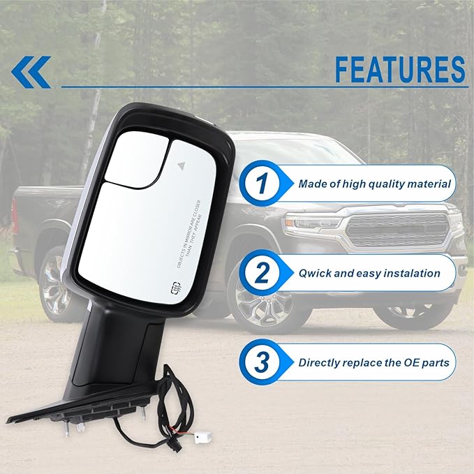 Right Passenger Side Mirror Fits 2019 2020 2021 2022 2023 2024 2025 2026 Ram 1500 With Power Folding Power Glass Heated Turn Signal Puddle Light Blind Spot Chrome Replace#68276502AH(9+2Pins)
