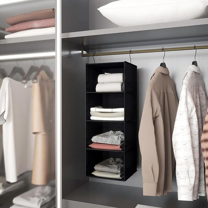 Hanging Closet Organizer, Easy Mount Foldable 4-Shelf Hanging Closet Wardrobe Storage Shelves, Clothes Handbag Shoes Accessor