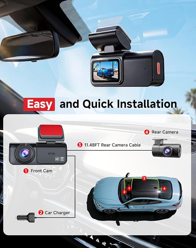 AXB Dash Cam Front and Rear: 4K+2.5K Dashcam with 5G WiFi APP Control & 64GB Card - Dual Dash Camera for Cars with 24H Parkin