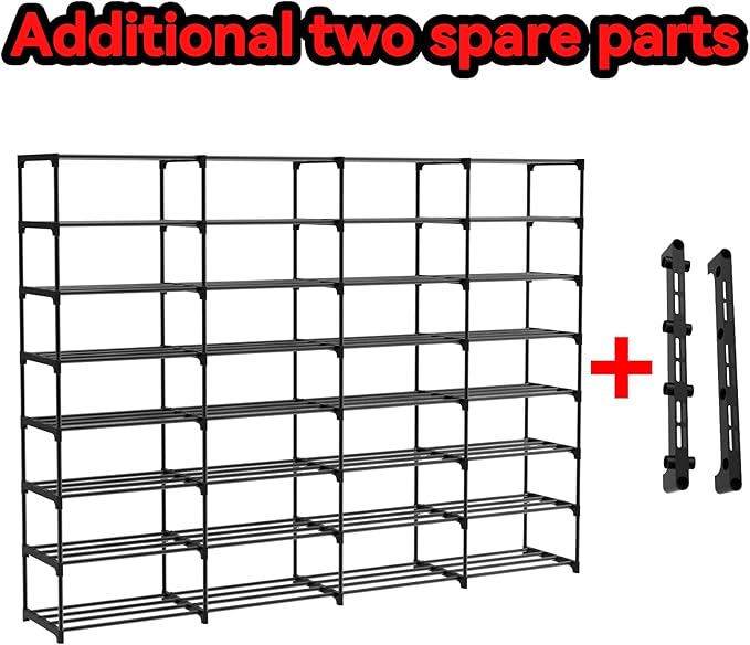 Large Shoe Rack Organizer, 4-Row 8-Tier Tall Shoe Storage Shelf for Closet, Entryway, Garage, Metal Free Standing Shoe Holder