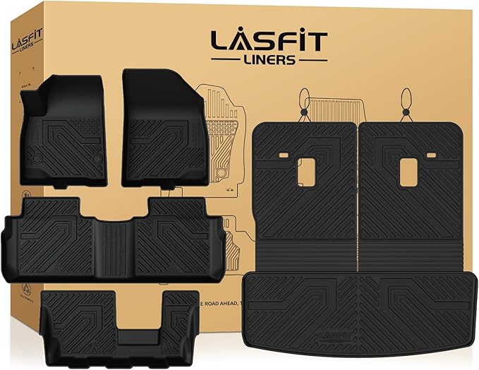 LASFIT Floor Mats & Cargo Liner with Backrest Mat for GMC Acadia 2017-2023 (Only Fit 7 Seats), All Weather TPE Custom Fit Floor Mats for Cars, 3 Rows Floor Liners Car Mats Full Set, Black